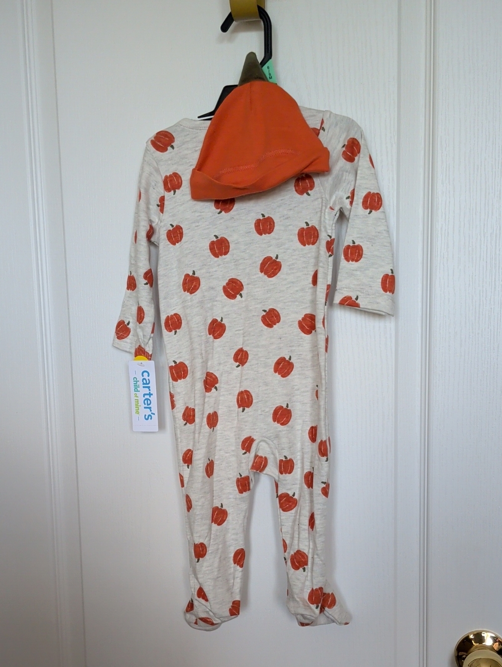 NWT Carter's Cream Footed One-Piece with Orange Pumpkin Print and Orange Hat